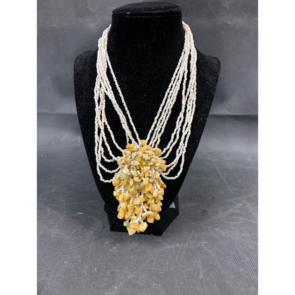 Beaded Necklace Statement Piece White & Yellow